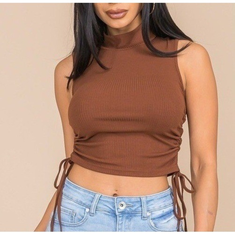 Nothing But Sexy Ribbed Mock Neck Tank Top LG Brown Cinched Ruched Side Tie NWT